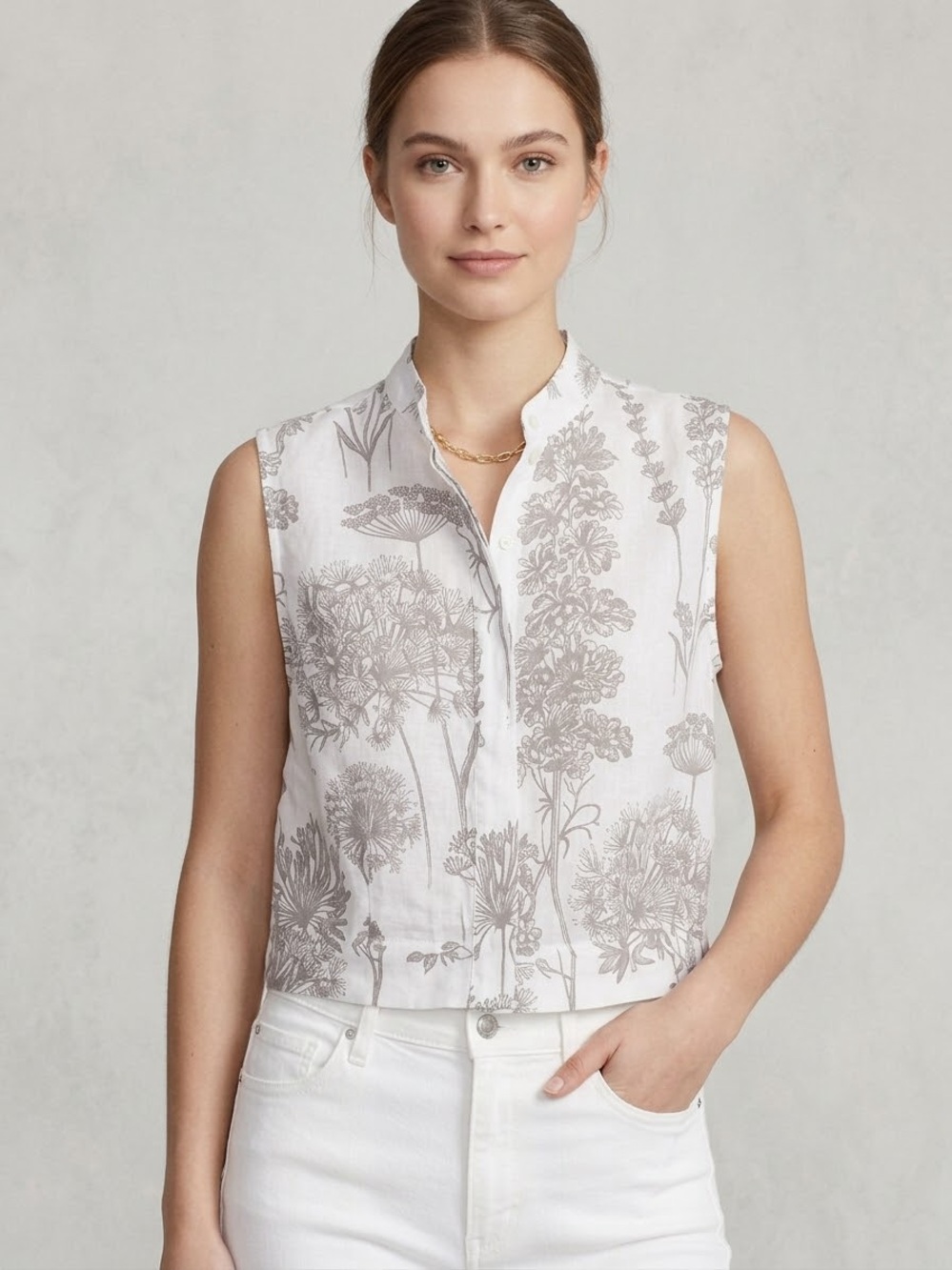 Laura Bianchi Made in Italy Botanical Print Linen Sleeveless Top- S- MSRP $110